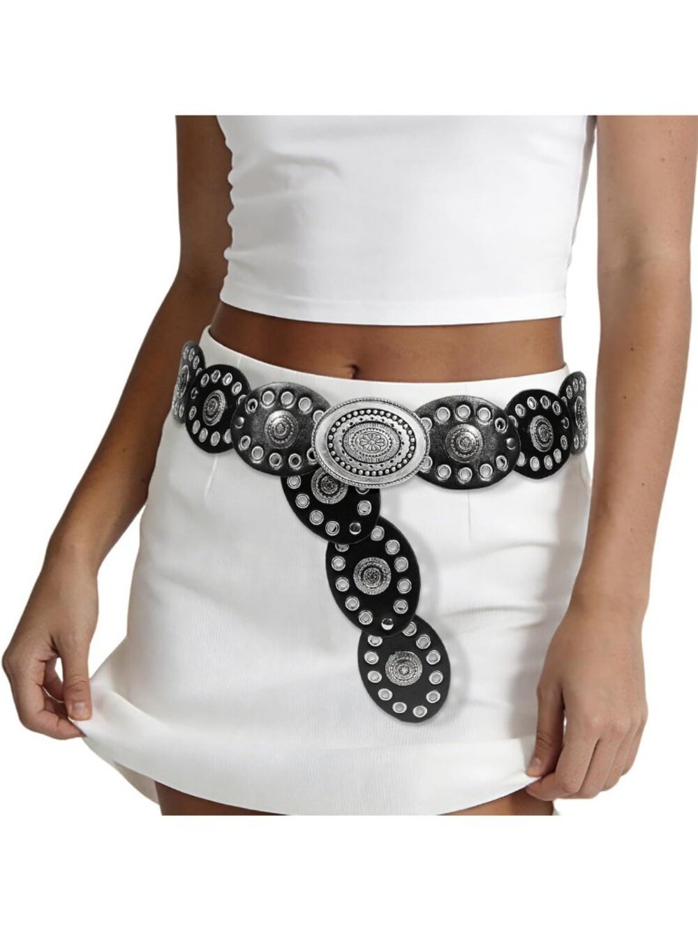 Vintage Leather Western Boho Belt for Women, 53.1" Concho Style for Dresses